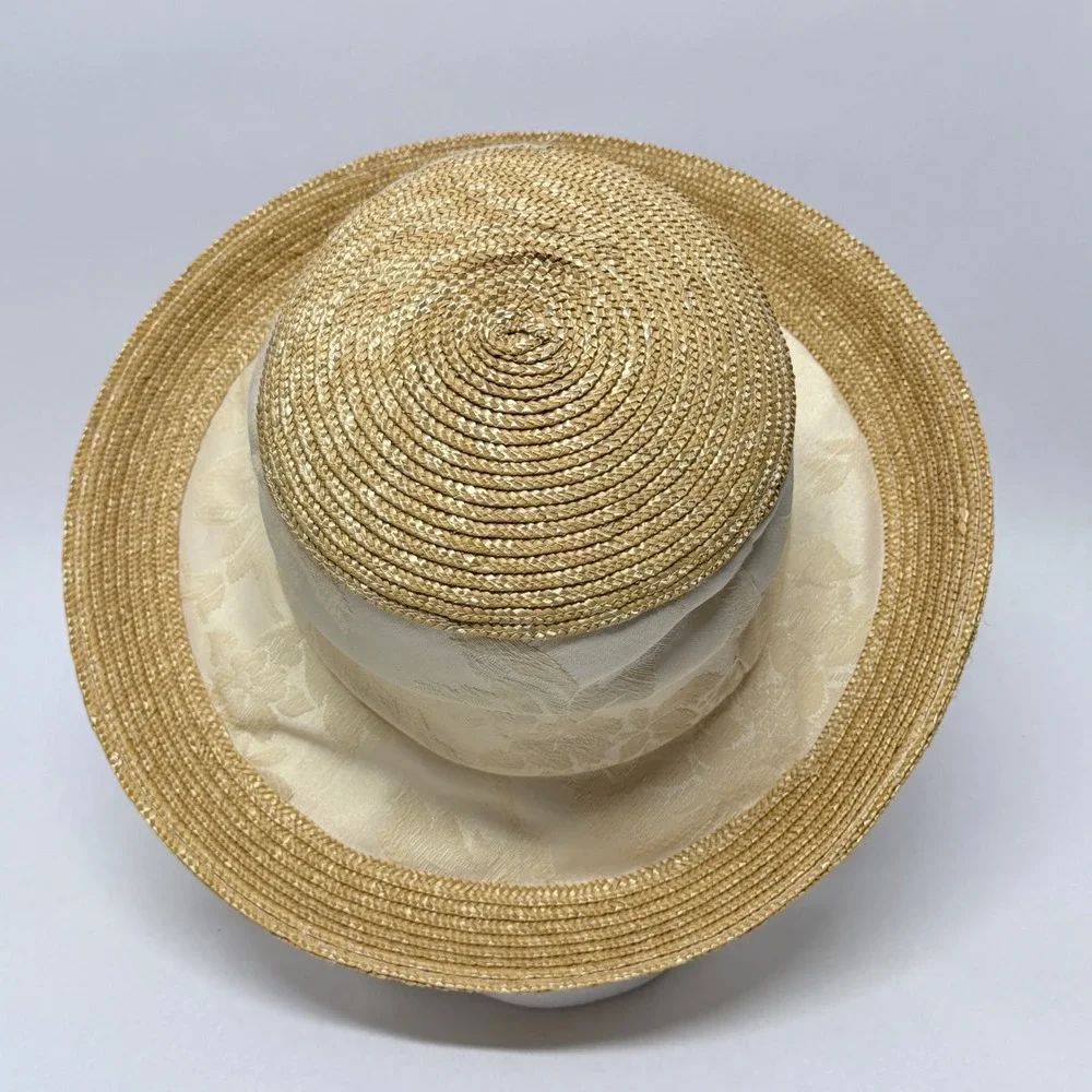Betmar New York Womens Straw Sun Hat Cream Floral Jacquard Wide Brim New